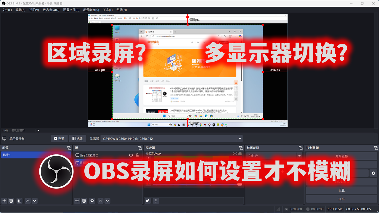 OBS录屏时为什么不清楚？自定义区域录屏有变形问题并且还模糊？2个显示器如何切换设置录屏才清晰，原因和方法都在这里！-唐朝博客